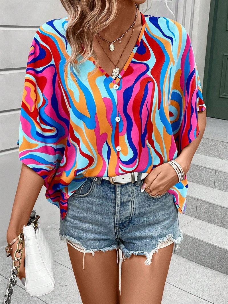 2025 Kobiety Lato Styl Bluzki Koszule Damska Casual Batwing Rękaw Kwiatowy Nadruk Bluzki Topy DF5024_voghion.com