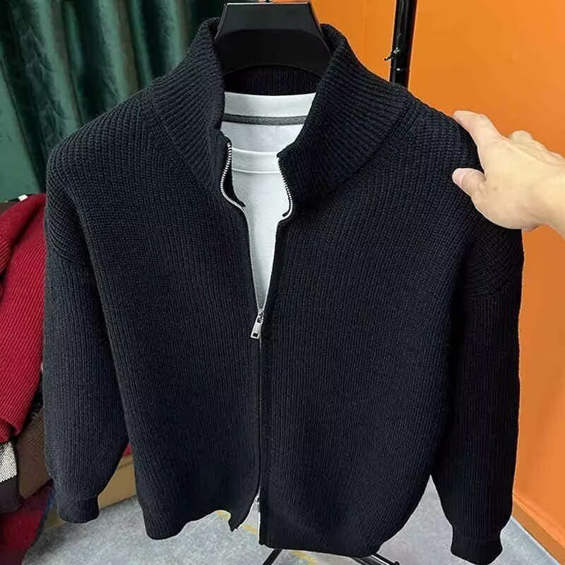 Giacca da uomo in maglia a mezza altezza, vestibilità slim, tinta unita, versatile, con cerniera, autunno inverno_voghion.com