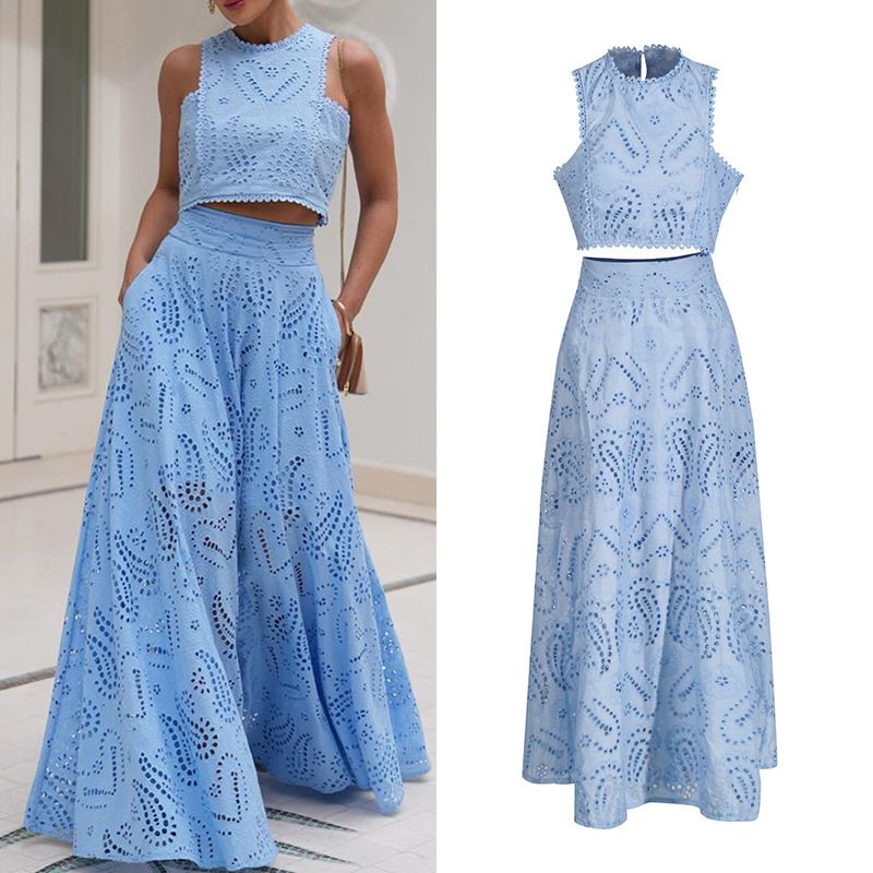 Vêtements pour femmes, col rond, gilet sans manches, taille haute, jupe brodée, costume deux pièces_voghion.com