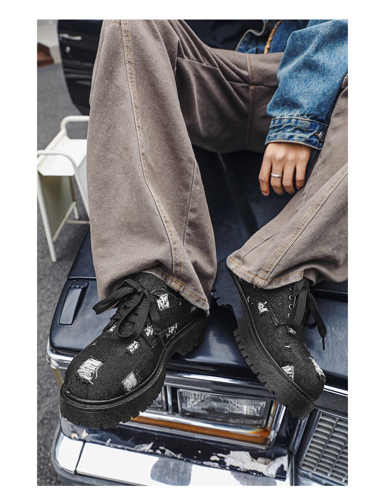 Men's Retro Chunky Sole Cowboy Denim Martin Boots - Low Top Vintage Style With Thick Platform_voghion.com