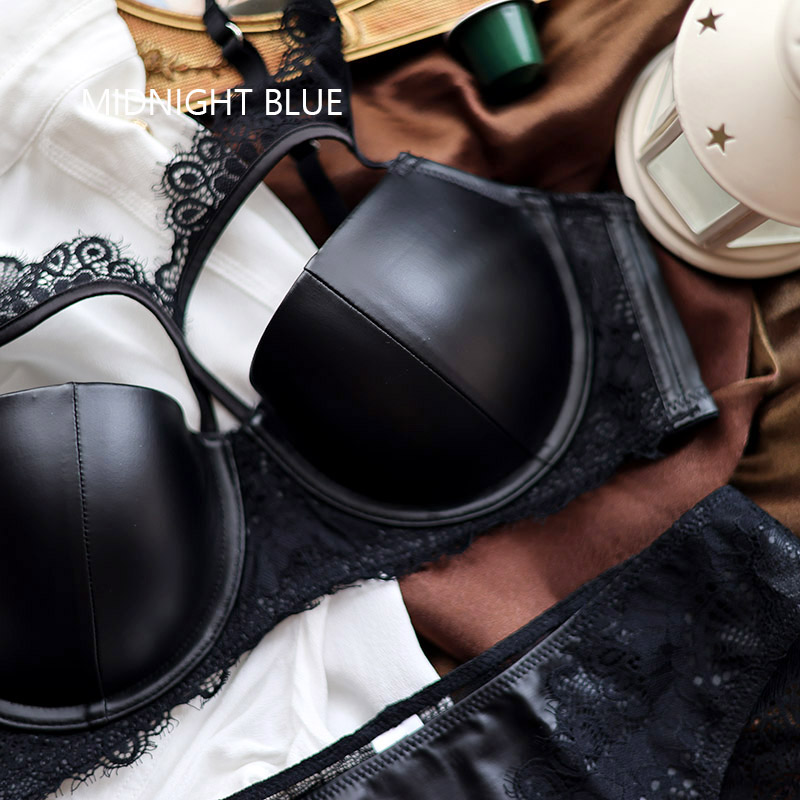 Intimo donna sexy in pelle europea americana Set reggiseno liscio sottile e spesso Lingerie push up nera rossa Scava fuori coppa C_voghion.com