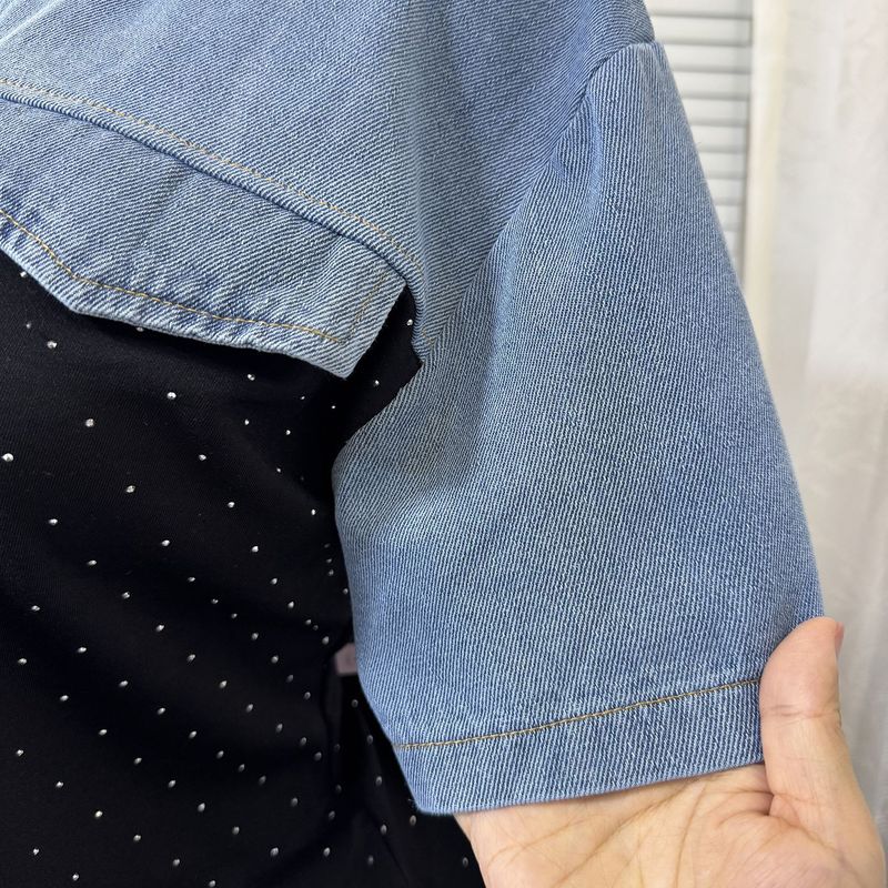 Sommer nyt modesæt til kvinder: Denim-syet hot diamant T-shirt med korte ærmer + afslappet lige, vide benbukser i to dele_voghion.com