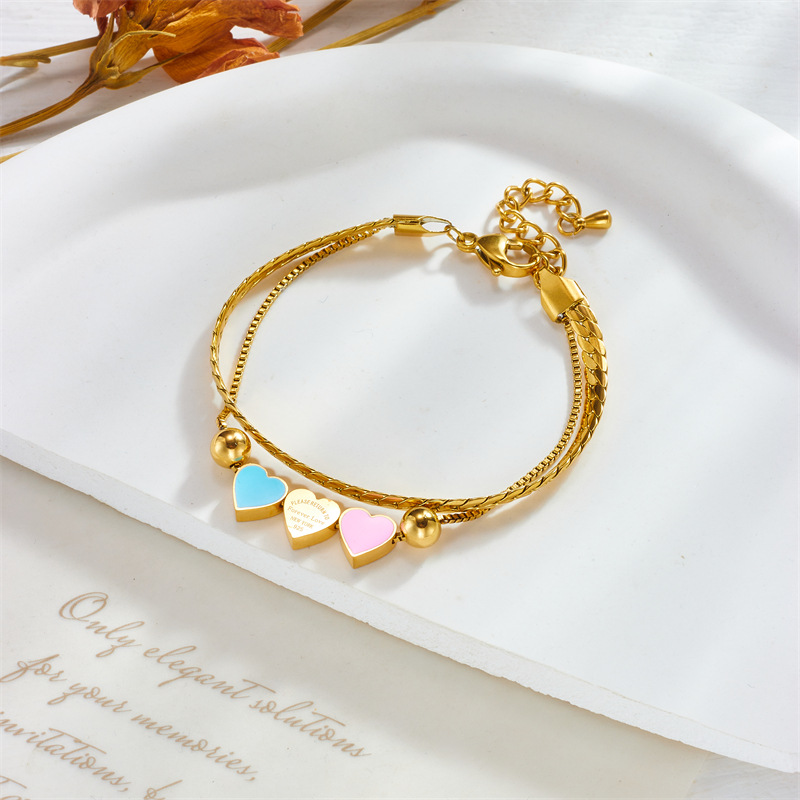 Fashionable niche creative versatile double-layer chain color oil drop love link bracelet_voghion.com