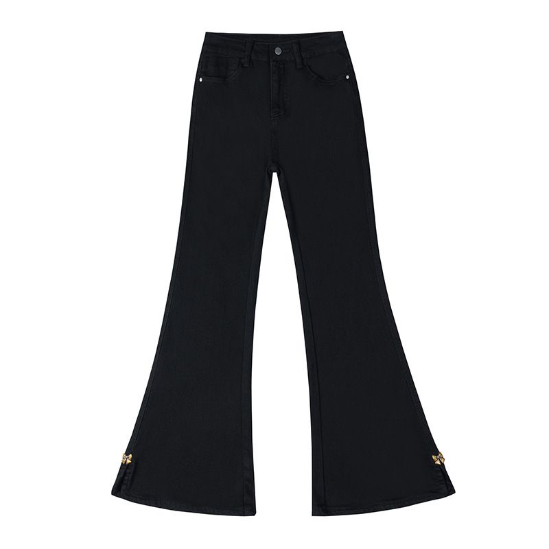 Plus Size Early Spring Side Slit Flared Jeans For Women, American Style High Waist Slimming Non-Tight Leg Bootcut Pants_voghion.com
