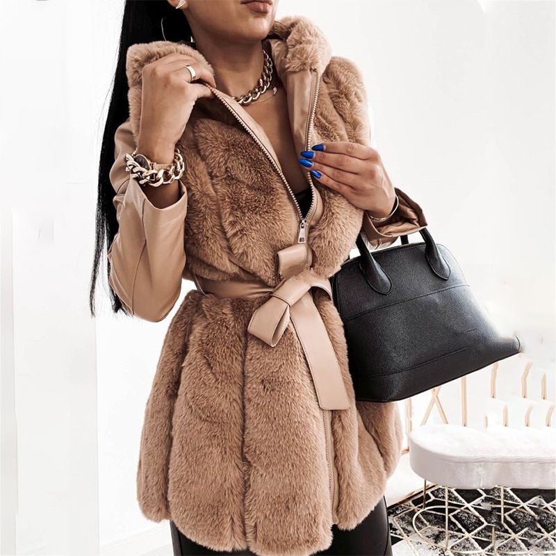 Women's fashion fur Coat with belt and hooded solid color zipper jacket_voghion.com
