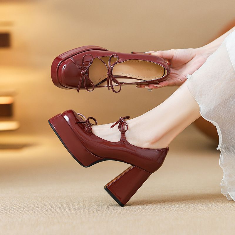 Red Mary Jane Shoes For Petite Women, High-End Waterproof Platform, Height-Increasing Engagement Chunky Heels,_voghion.com