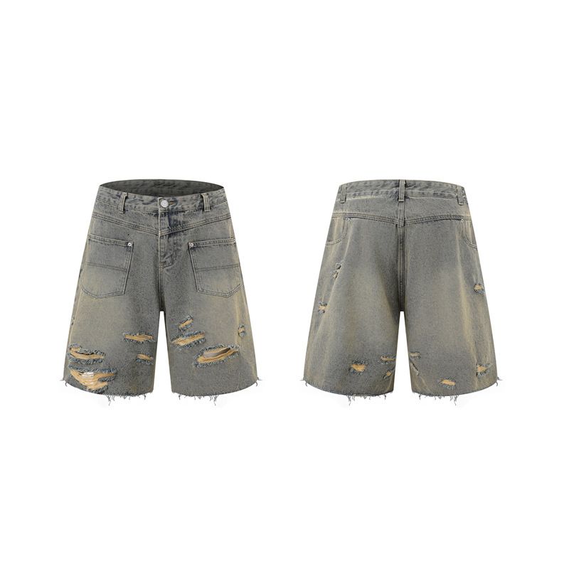 Herrenbekleidung Retro Raw Edge Distressed Ripped Denim Reißverschlussjeans Trendy Loose Casual Vielseitige Arbeitskleidung Männer und Frauen Anzüge_voghion.com