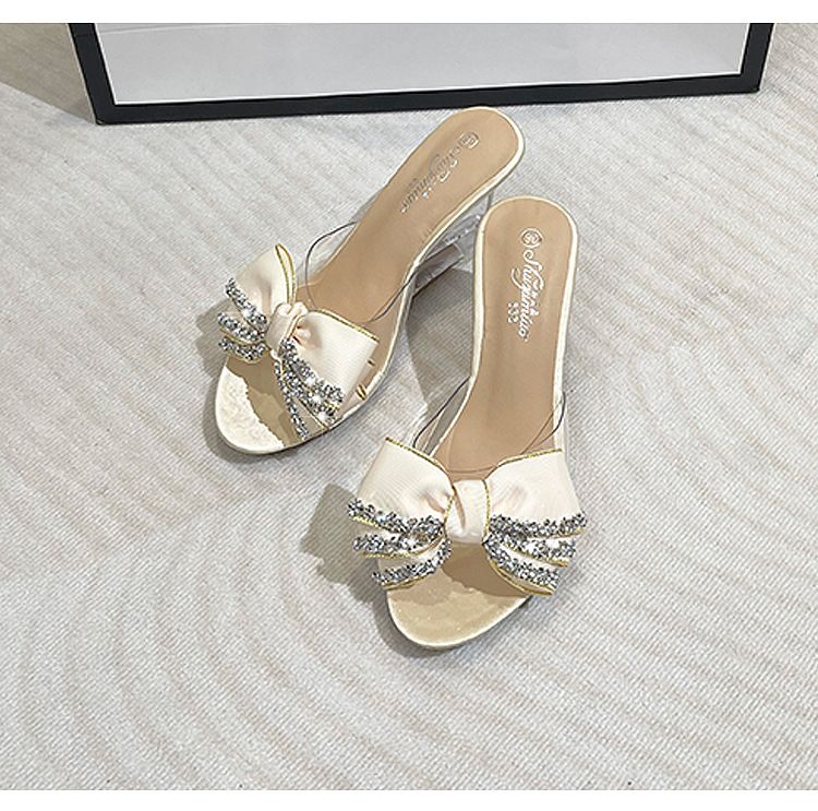 Versatile Wedge Sandals For Women - Crystal Clear High Heels With Bow & Rhinestone Details Platform Shoes Comfortable Beach Wedding Dressy Sandals_voghion.com