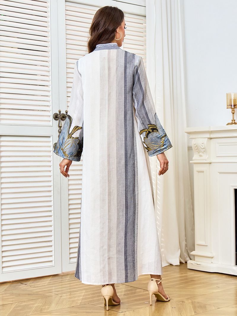 Elegantes besticktes Abaya-Kleid mit Blumenapplikation – Locker sitzendes Langarm-Maxikleid für Damen, atmungsaktives Polyester, Beige (S-XXL)_voghion.com