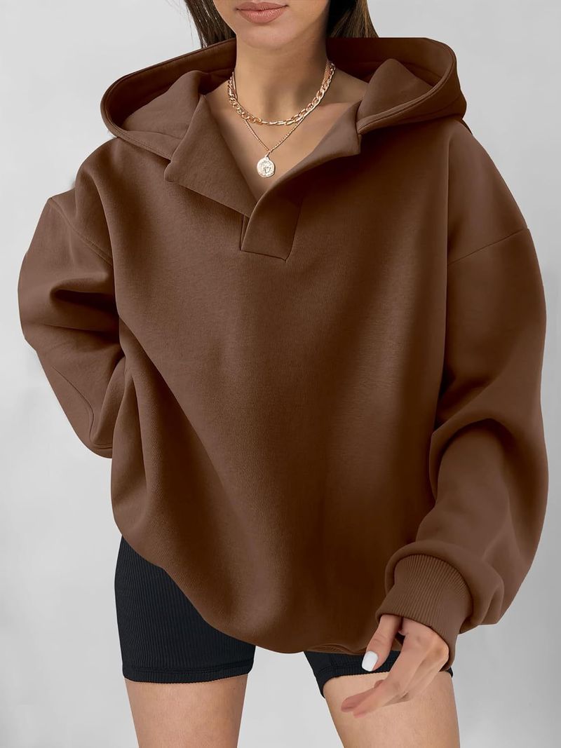 Women's Clothing Sweatshirt Solid Color Long Sleeve Hooded Solid Color Loose Sweater Women's Top_voghion.com