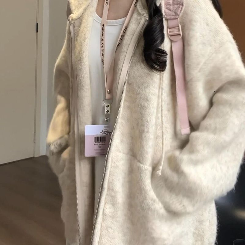 Ragazza Ragazza Ragazza Maglione Cardigan Lavorato a Maglia con Cappuccio Morbido e Pigro per Donna, Felpa Giacca Stile Coreano Vestibilità Larga Autunno e Inverno_voghion.com