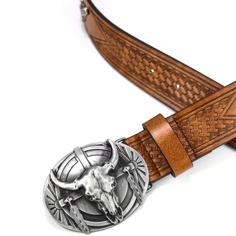 HOT Western cowboy carved cow head big plate mouth trend retro men and women PU niche punk leather belt_voghion.com