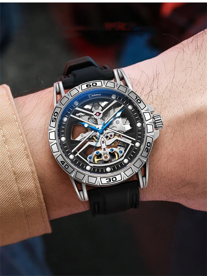 Tourbillon scheletrato da uomo luminoso impermeabile meccanico automatico e cinturino in silicone cassa in acciaio_voghion.com