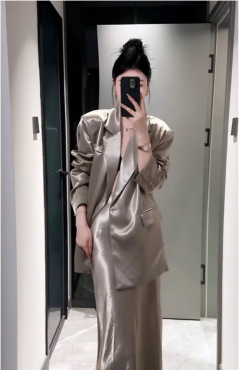 Modischer damenhafter Satinanzug für Frauen 2025 Frühjahr Neue Blazerjacke Hoher Taillenrock Zweiteiliges Set_voghion.com