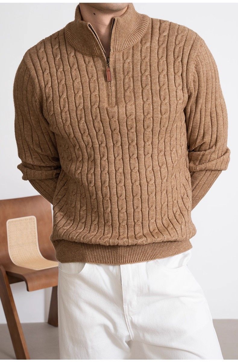 Maglione invernale da uomo in maglia a trecce, con mezza zip, spesso e casual, girocollo, da indossare tutti i giorni_voghion.com