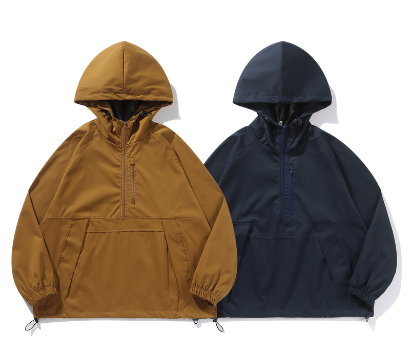 C Japanischer Baumwollmantel, wasserdicht, winddicht, mit Kapuze, funktionelle Werkzeugjacke, langärmelig, Ingwergelb, lockerer halber Reißverschluss_voghion.com