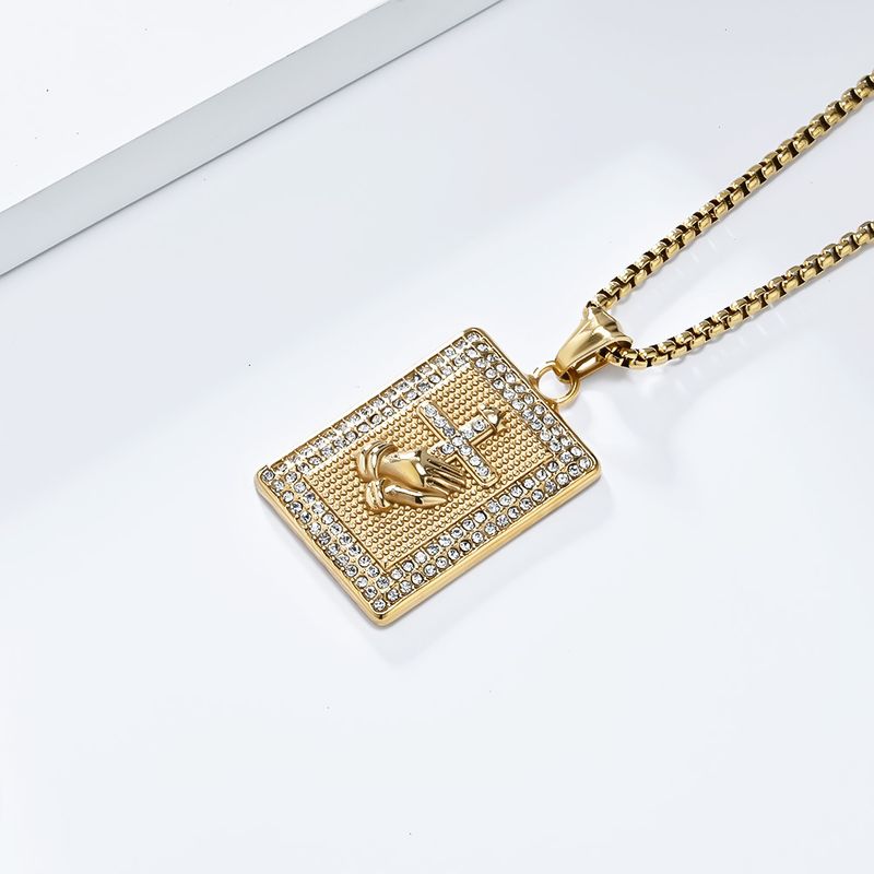 Hiphop praying hands cross full diamond titanium steel necklace plated K pendant_voghion.com