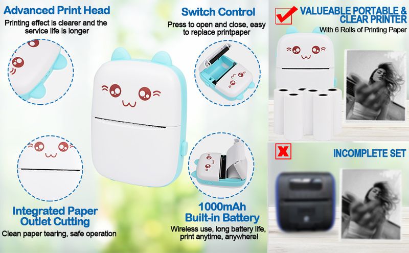Mini foto pisač, termalni pisač naljepnica s USB punjenjem, prijenosni Bluetooth bežični foto pisač s 1 rolom termalnog papira za Android i iOS_voghion.com