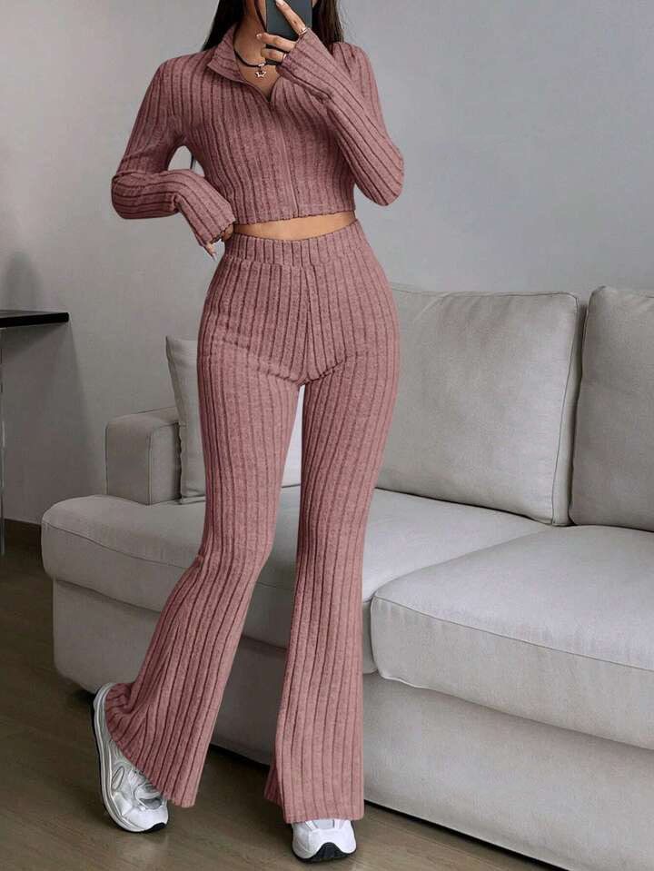 Fashion Solid Color Ribbed Two Piece Set Zipper Long Sleeve Crop Top And High Waist Flared Pants Set Women's Casual_voghion.com