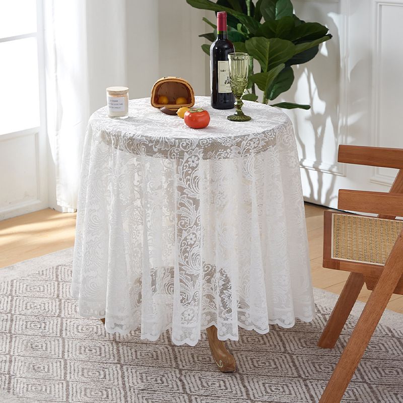 Elegante tovaglia con bordo smerlato – Copritavolo rotondo in pizzo di poliestere con retro antiscivolo (resistente al calore, antipolvere, stile boho e rustico)_voghion.com