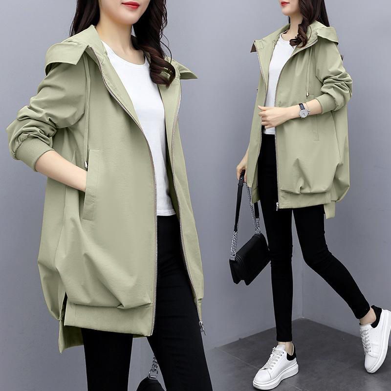 Lässiger Trenchcoat mit Kapuze in Übergröße für Damen – Locker geschnittene, langärmlige Frühlings-/Herbstjacke in Khaki, Beige und Schwarz (mit/ohne Futter)_voghion.com