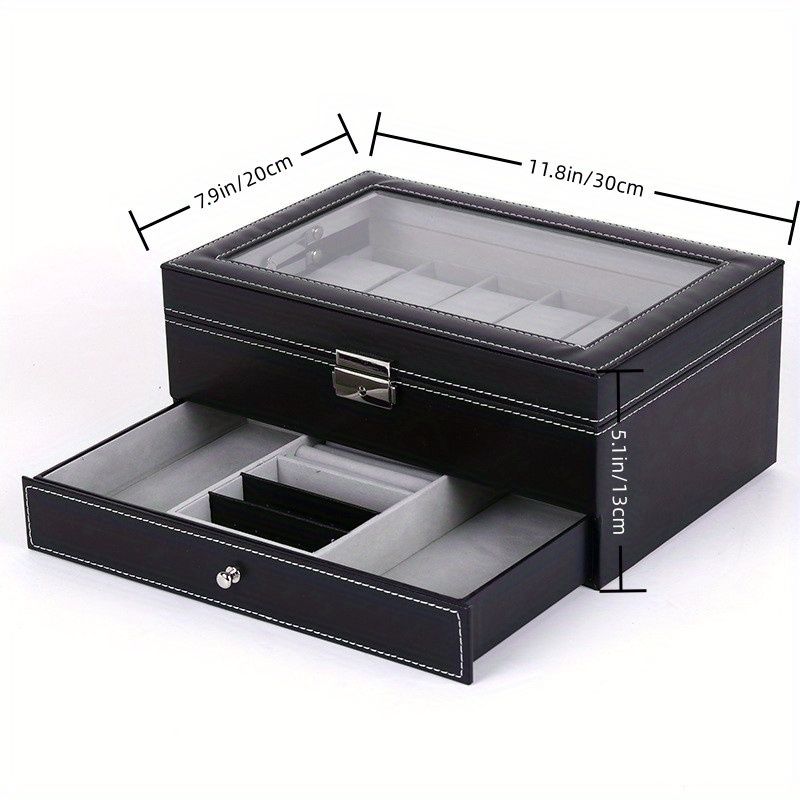 Scatola porta orologi con serratura in pelle PU da 12 scomparti, espositore per gioielli da uomo e da donna con cassetto, espositore per occhiali da orologio a 2 strati con coperchio_voghion.com