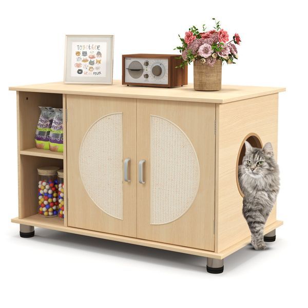 Cat Litter Box Enclosure With Sisal Scratching Doors And Adjustable Metal Feet_voghion.com