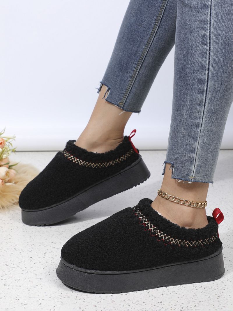 Pantofole invernali slip-on con fodera in pelliccia sintetica, suola in gomma spessa, ricami etnici, comode pantofole da interno/esterno (marrone/bianco/nero/beige)_voghion.com