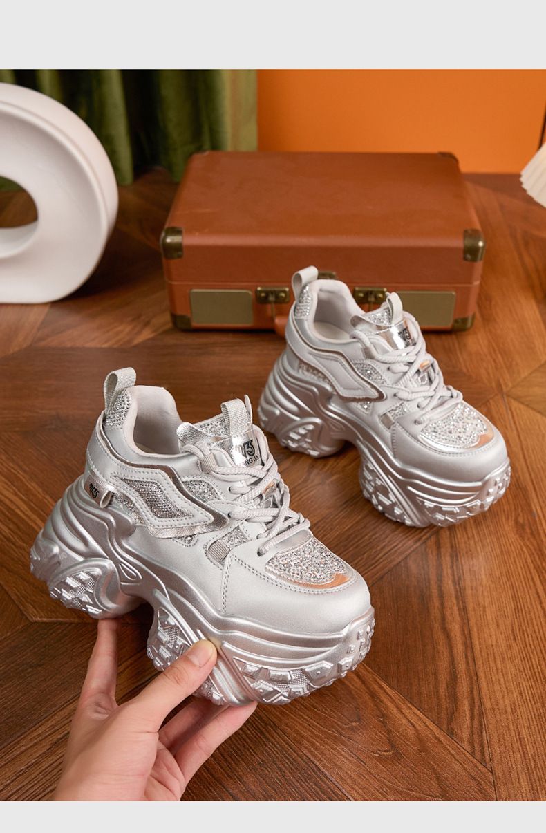 Papa à semelles épaisses pour femmes, nouvel article d'automne 2024, chaussures pour femmes rehaussantes à l'intérieur en strass argenté, polyvalentes_voghion.com