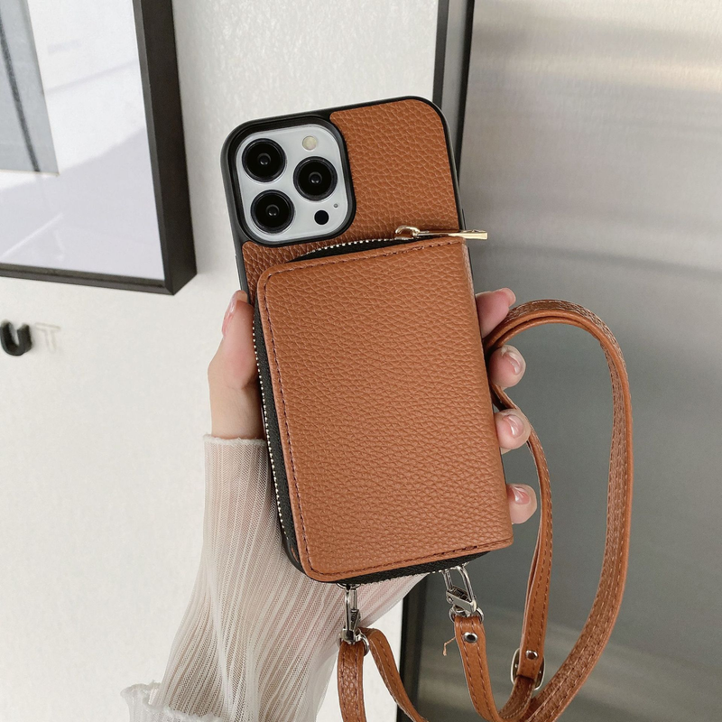 Mobile phone case zipper card holder diagonally applicable to Apple 14 mobile phone case Apple 13 promax litchi pattern protective cover 12 women_voghion.com