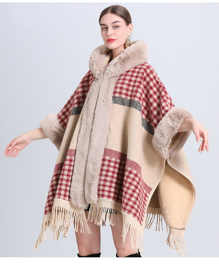 Dameskleding losse plaid plus fluwelen dikke bontkraag gebreide sjaal cape dameswollen sjaaljas_voghion.com