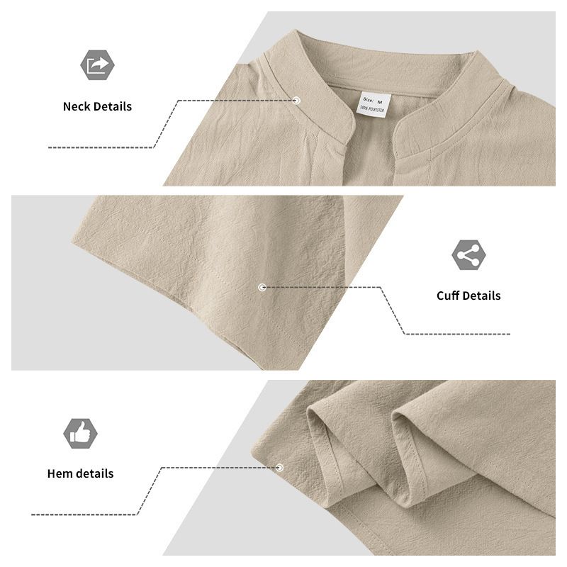 Camicia casual estiva da uomo, ampia, con colletto alto, abbottonata, in lino, a maniche corte, tinta unita, taglie forti_voghion.com