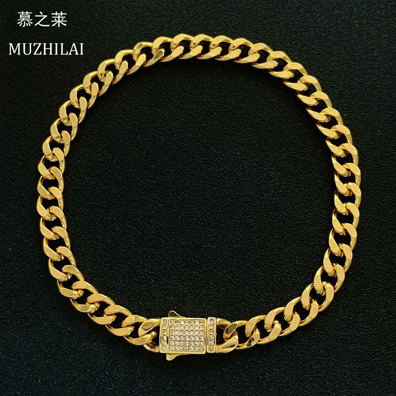 Pulseira cubana masculina com diamantes, latão banhado a ouro, estilo hip-hop, personalizada com diamantes, simples e ousada_voghion.com
