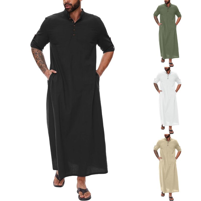 Túnica musulmana de estilo árabe, sencilla, de algodón y lino, larga, con cuello alto y botones para hombre._voghion.com