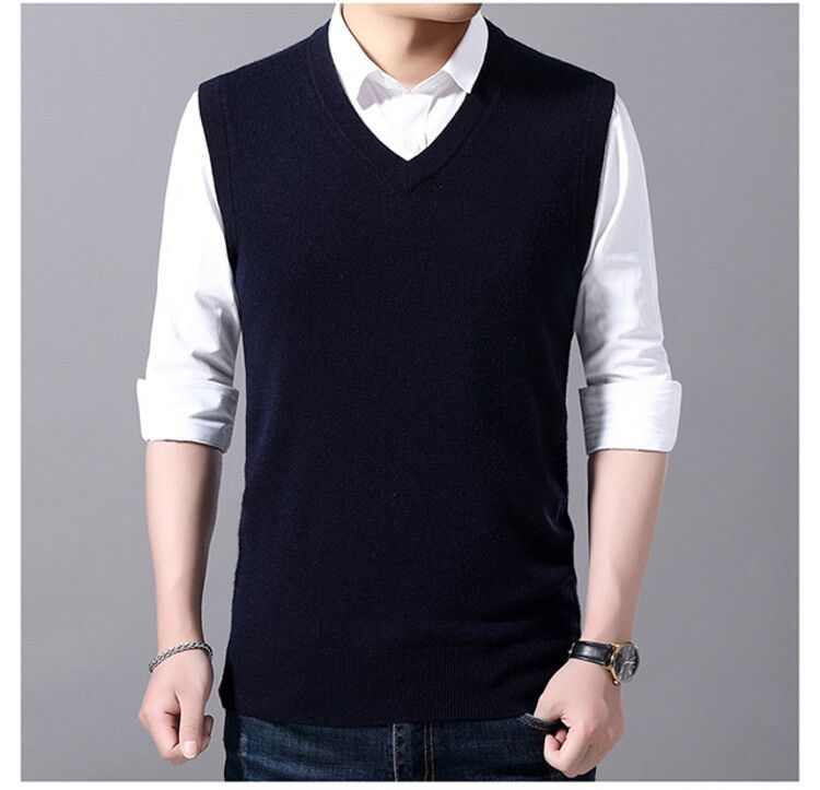 Spring And Autumn Wool Solid Color For Middle-aged Men, High-end V-neck Knitted Sweater, Warm Sleeveless Vest_voghion.com