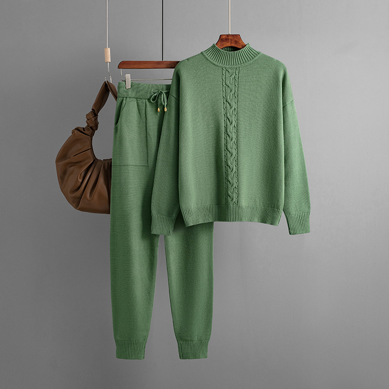Conjunto de dos piezas de jersey informal de punto trenzado con medio cuello alto para mujer_voghion.com