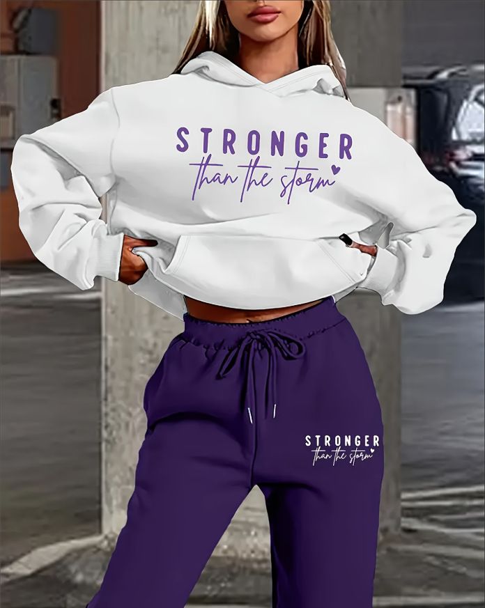 "Trendy Fleece Hoodie & Jogger Set – Soft Two-Piece Loungewear With Printed Design (White/Blue, White/Purple) | Plus-Size Friendly (S-XXL)"_voghion.com