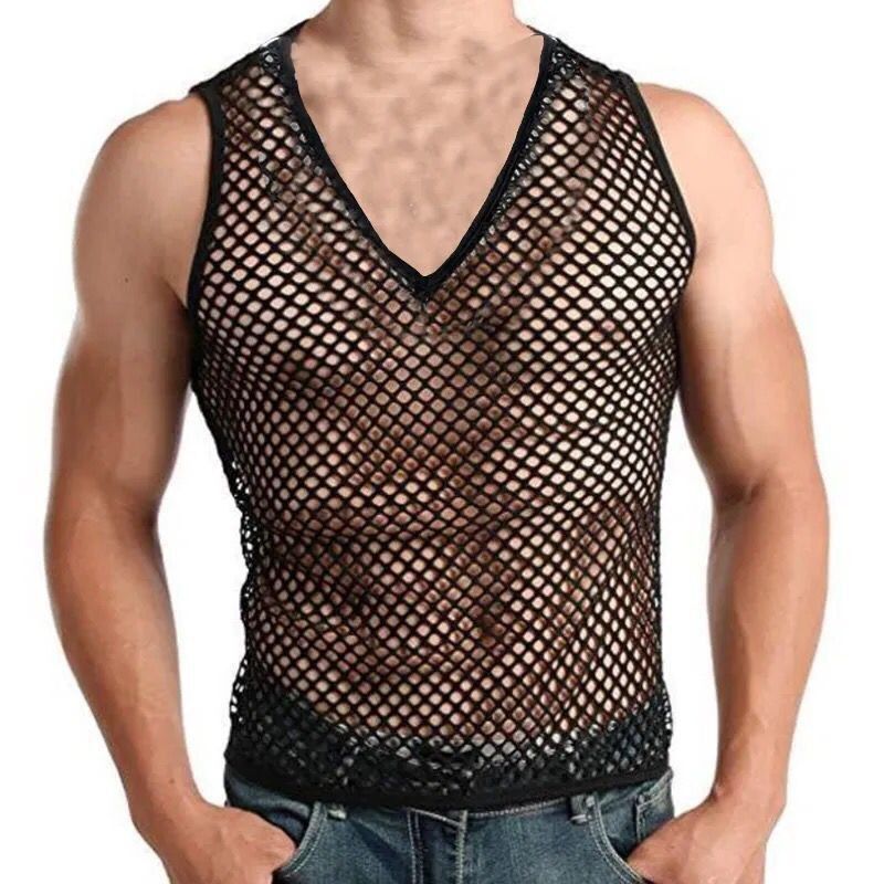Men's Clothing Slim mesh vest short mesh spring and summer new product performance male model personality round neck waist hollow blouse_voghion.com