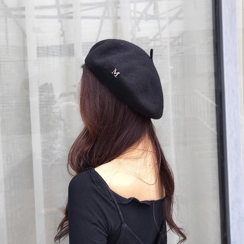 Béret noir en laine M pour femmes en automne et en hiver, version coréenne, chapeau octogonal de célébrité britannique d'internet, peintre_voghion.com
