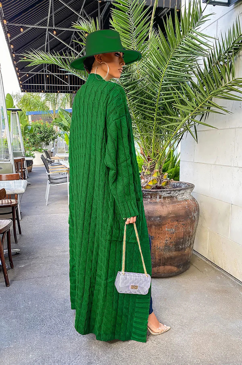 Damenbekleidung Locker gestrickte Strickjacke, gemütliche, übergroße Strickjacke mit Taschen, langer Zopfmuster-Pullovermantel, lockerer Boho-Chic, offene Vorderseite_voghion.com