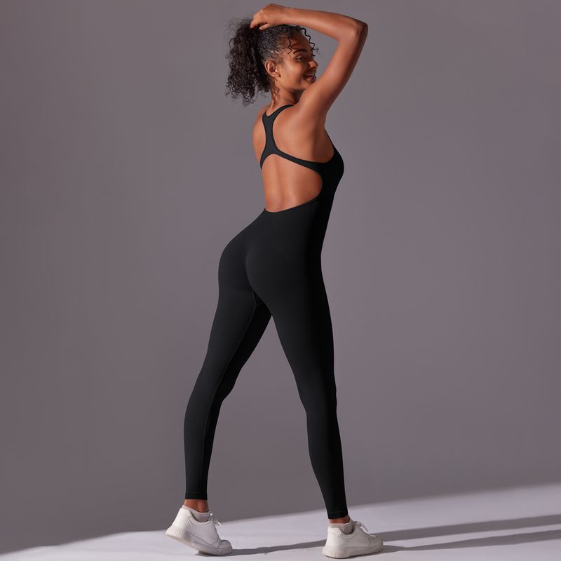 Tight solid color one-piece with hollowed out back, sexy yoga suit, seamless and breathable jumpsuit_voghion.com