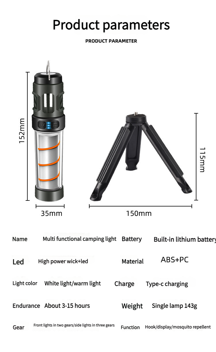 Outdoor-LED-Multifunktions-Mückenschutz Camping Typ-C wiederaufladbares tragbares magnetisches Dreieck-Ständerzelt_voghion.com