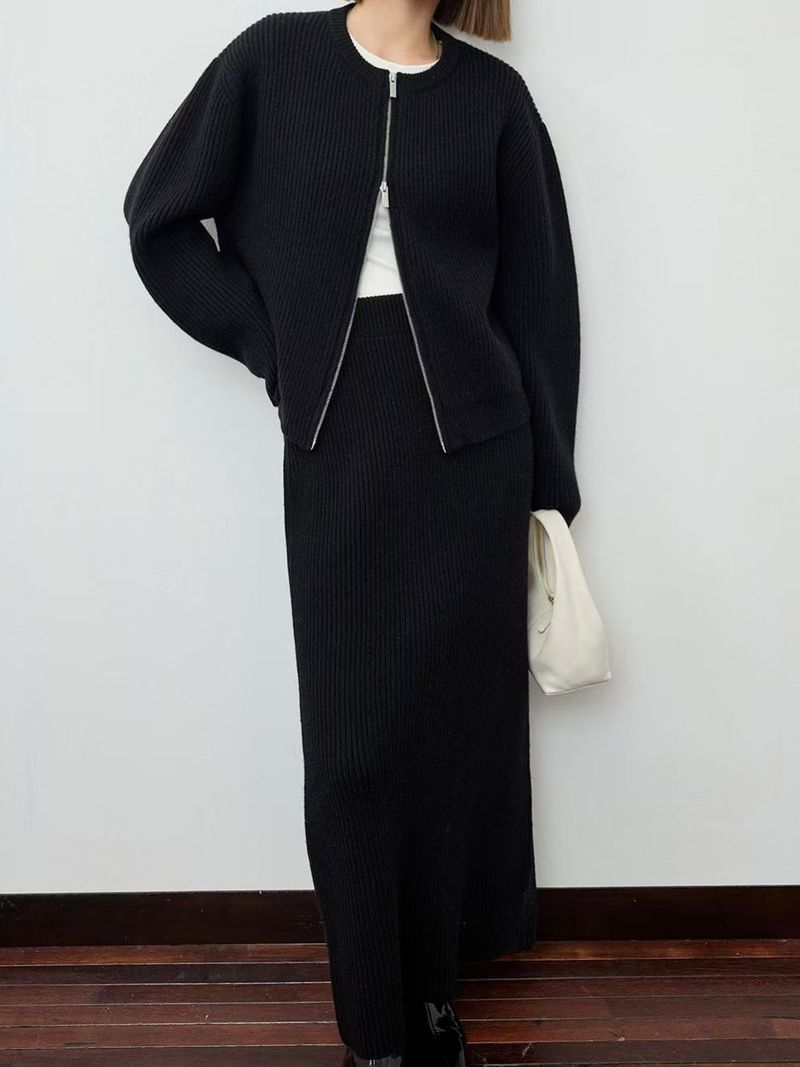 Nieuwe ronde hals, gebreide tweedelige herfst-winterset in Koreaanse stijl met rits en elegante trui en halve rok voor dames_voghion.com
