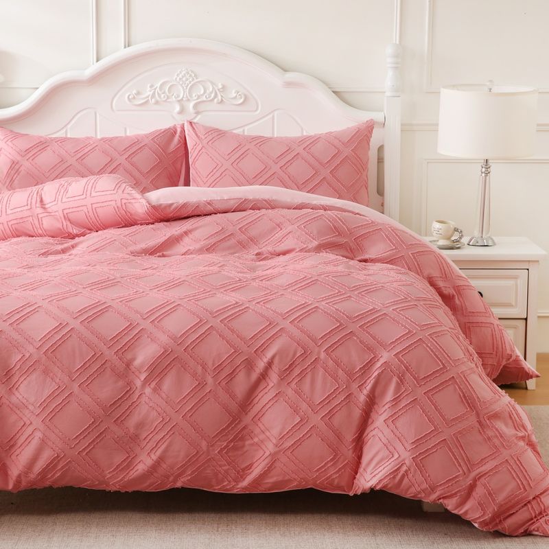 Tufted Wool Cut Flower Pink Diamond Geometric Quilt Cover Home Textile Bedding Three Piece Set_voghion.com