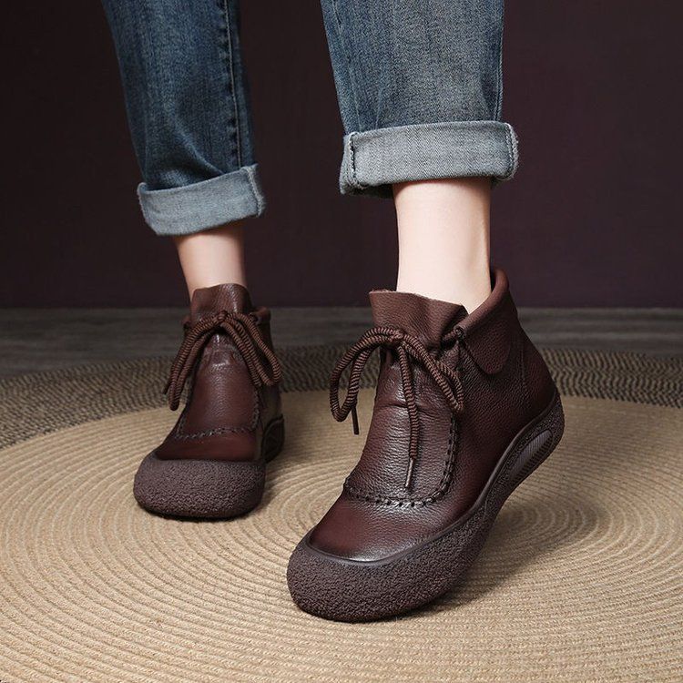 2024 Handmade Soft Leather Stitched Autumn Winter Low Heel Round Toe Rubber Women's Short Boots_voghion.com
