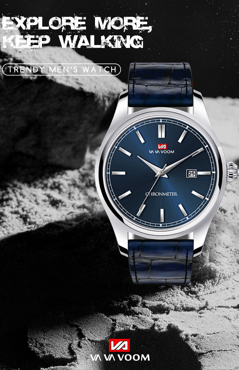 VA VA VOOM Men's Watch Trendy Simple Blue Leather Strap Watch Men's Business Casual Calendar Quartz Watch_voghion.com