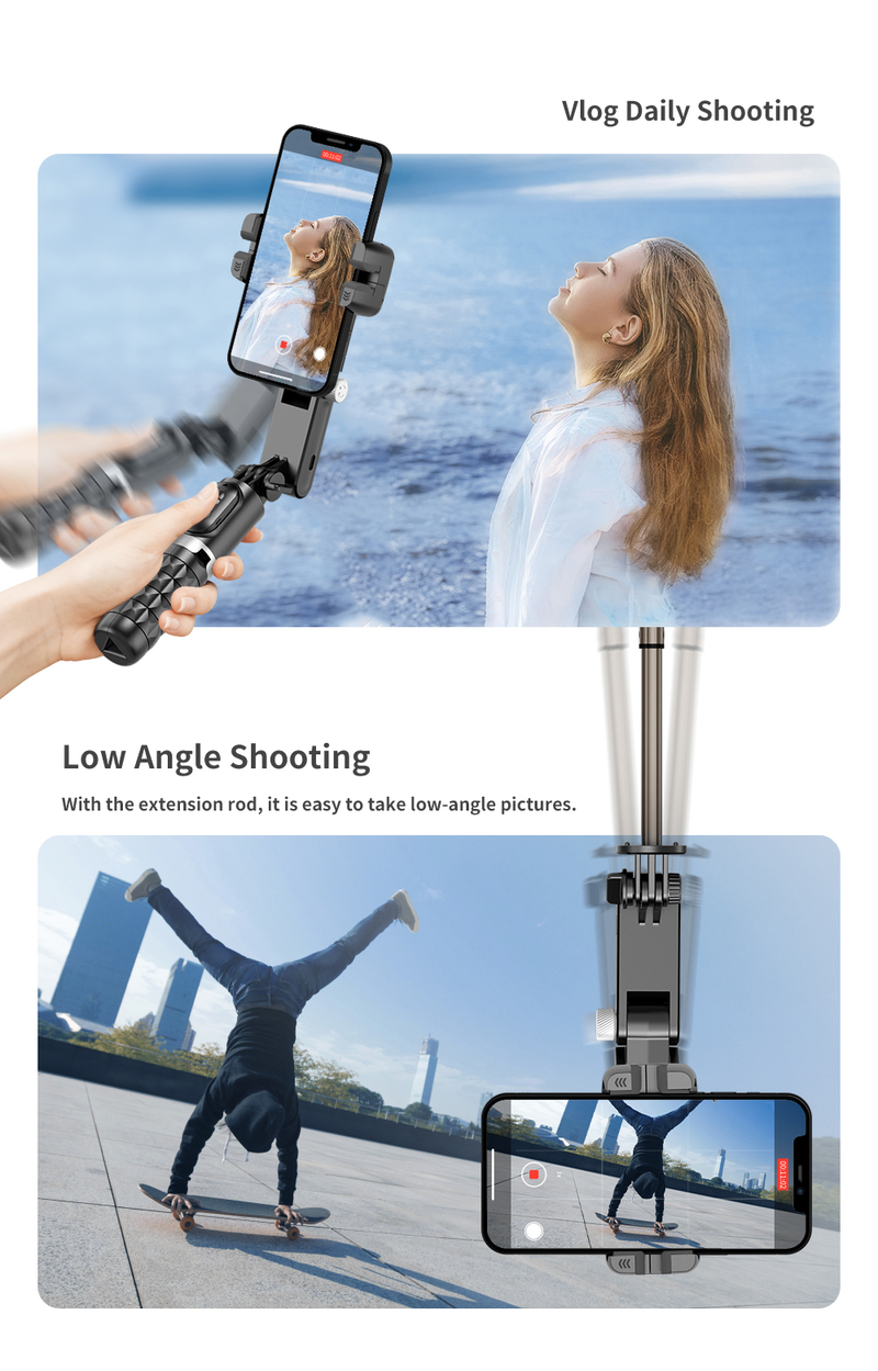 Estabilizador de articulación universal para smartphone, trípode selfie de 2 ejes, con seguimiento facial, rotación de 360°, puerto 4 en 1_voghion.com