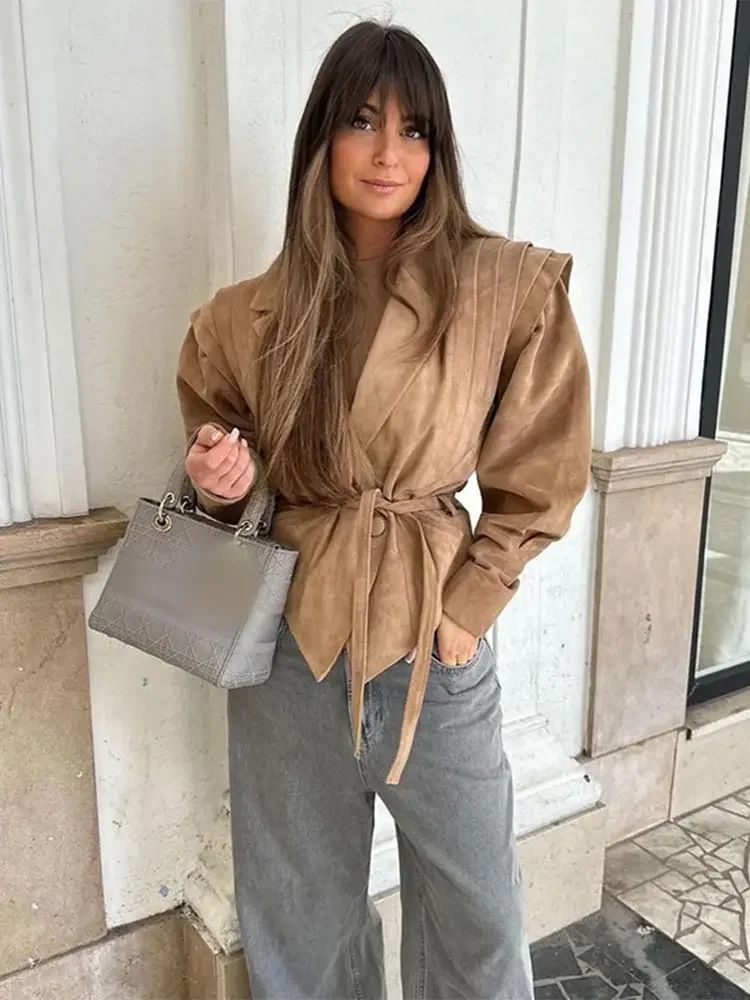 Women's Fashion Belted Cropped Jacket - Streetwear Style With Adjustable Waist Tie - Suede & Polyester Blend - Short Outerwear For Fall & Winter_voghion.com