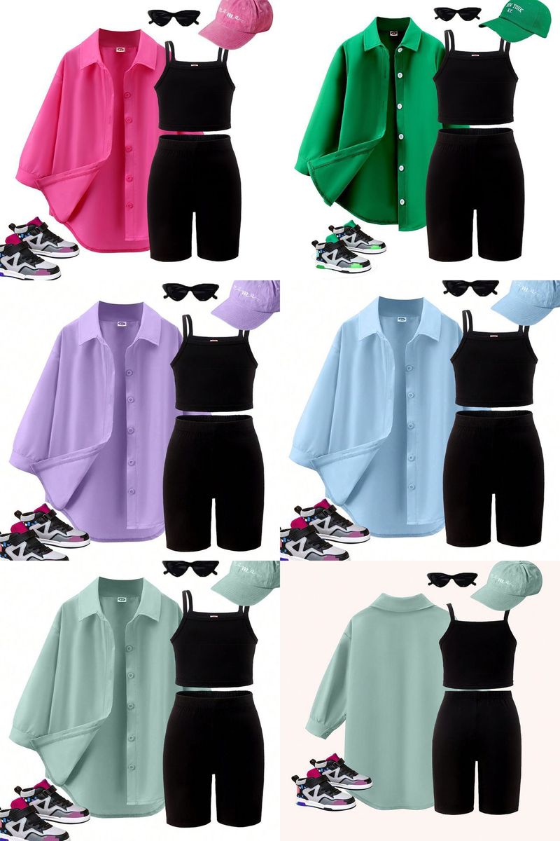 Παιδικά Ρούχα Άνοιξη και Φθινόπωρο Νέα Κοστούμια για Κορίτσια Μικρά και Μεσαία Παιδικά Μονόχρωμες Τιράντες + Σορτς + Μακρυμάνικο Μπουφάν Σετ Τριών Τεμαχίων_voghion.com