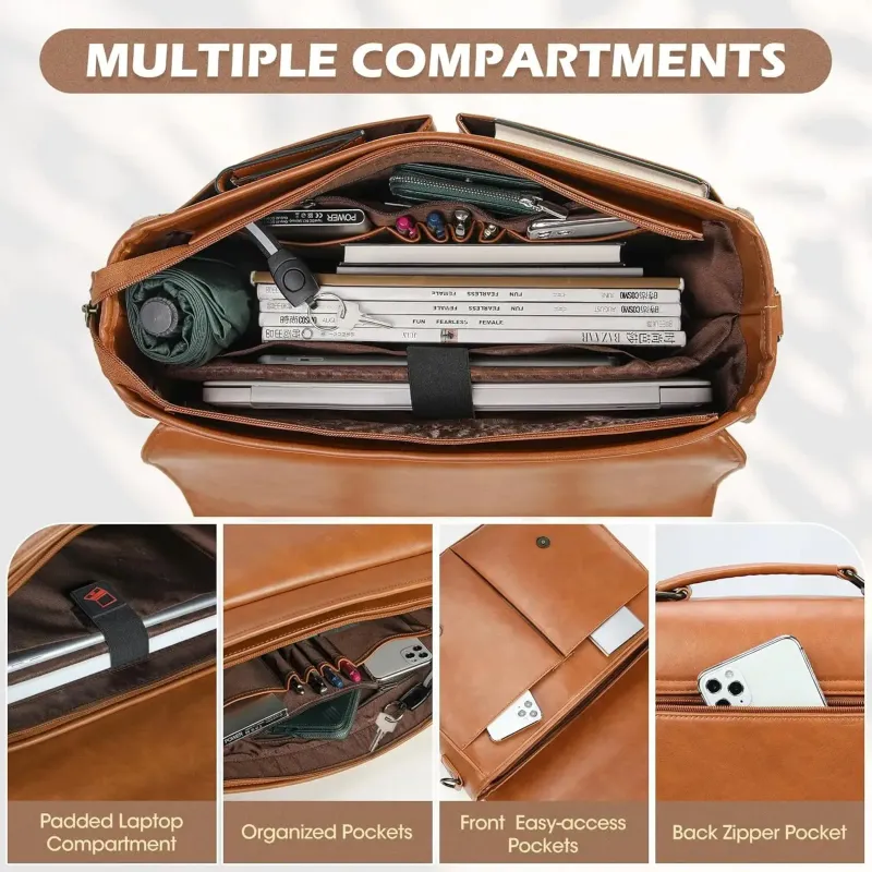 RAINSMORE Vintage Men Messenger Waterproof Leather Briefcase Laptop Large Capacity Satchel Business College Shoulder Bag_voghion.com